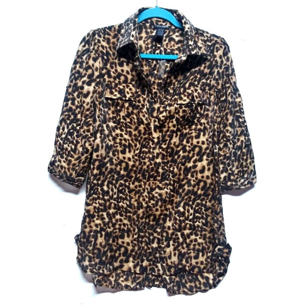 NWOT Cotton Express Top Animal Print Collar front & Back buttons long Sz M brown